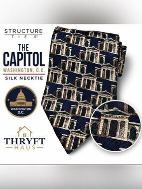 Structure Navy Tie with Cream & Tan Architectural Motif